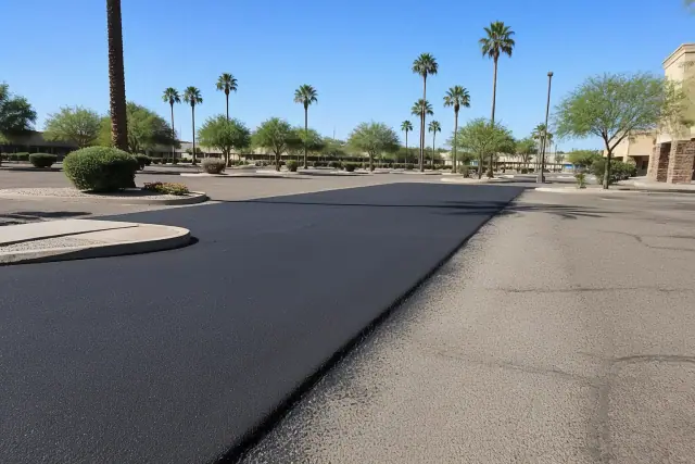 Freshly paved asphalt parking lot with clean transitions and distant palm trees in Scottsdale, AZ.
