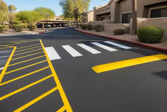 Freshly painted yellow and white traffic lines on an asphalt driveway in Scottsdale, AZ.
