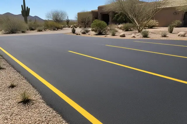 Freshly paved asphalt driveway with yellow parking lines at a desert property in Phoenix, AZ.