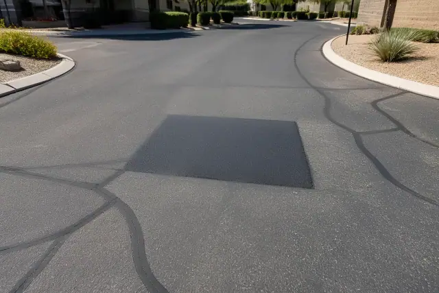 Freshly patched asphalt repair in an office driveway in Scottsdale, AZ.