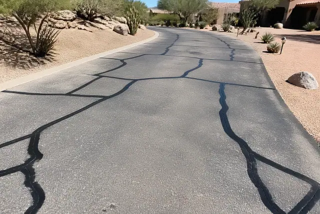 Freshly sealed asphalt cracks on a residential driveway in Ahwatukee, AZ.