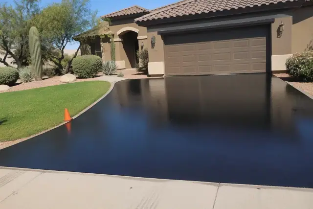 Freshly sealcoated black asphalt driveway at a residential home in Queen Creek, AZ, with a small orange safety cone.