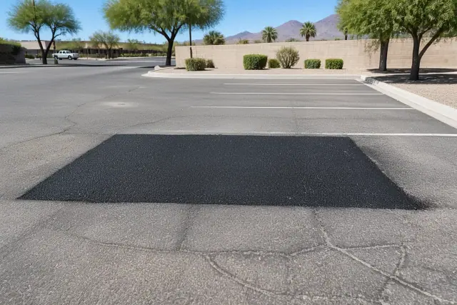 Freshly compacted asphalt pothole repair in a commercial parking lot in Apache Junction, AZ.