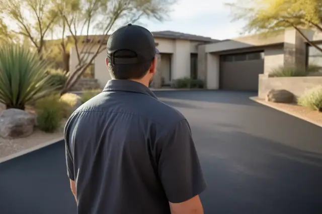 Technician inspecting a freshly laid asphalt driveway at a modern residence in Scottsdale, AZ.