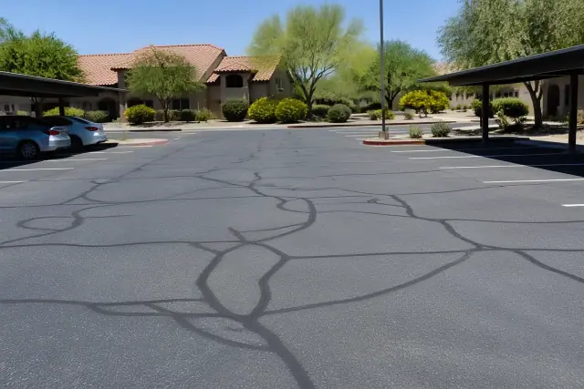 Freshly sealed asphalt cracks in a residential apartment parking lot in Tempe, AZ.