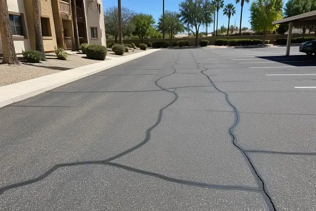 Freshly sealed cracks in an apartment parking lot under bright sun in Gilbert, AZ.