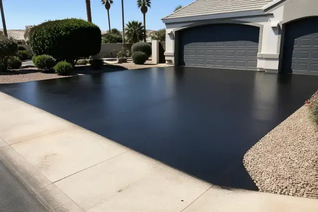 Freshly paved asphalt driveway at a residential home in Gilbert, AZ, under bright afternoon sunlight.