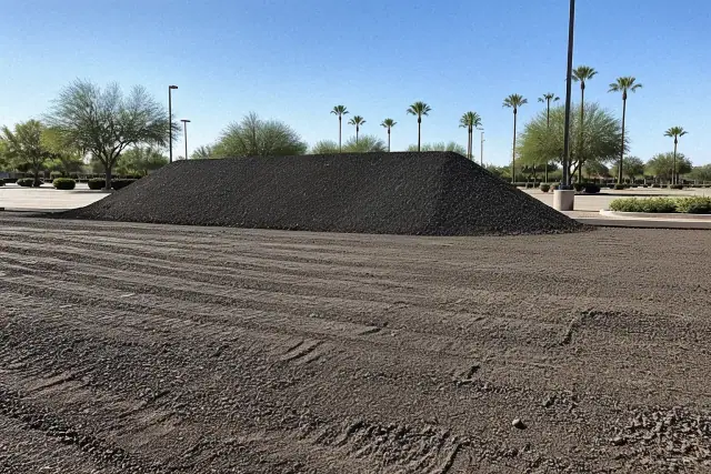 Freshly milled asphalt and a pile of reclaimed material in a commercial parking lot in Scottsdale, AZ.