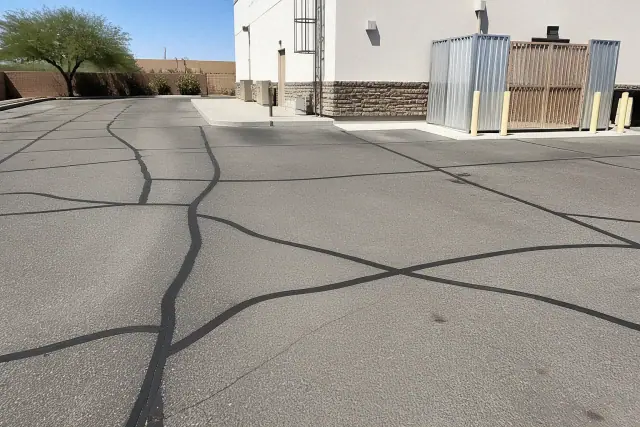 Freshly sealed asphalt cracks in a restaurant parking lot in Peoria, AZ.