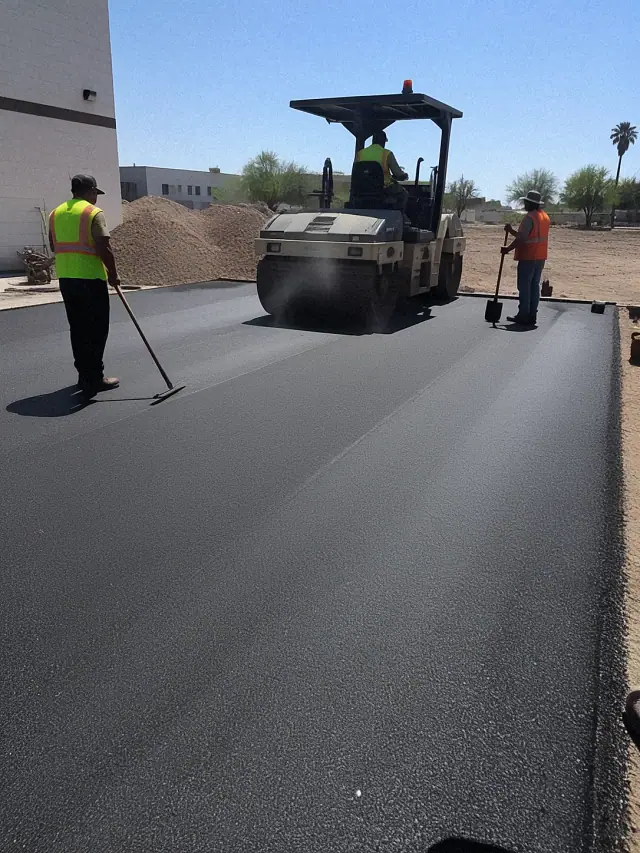 Construction crew paving a commercial lot with a steamroller in Scottsdale, AZ.
