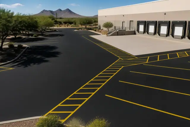 Freshly paved warehouse loading drive with yellow striping on black asphalt in Scottsdale, AZ.