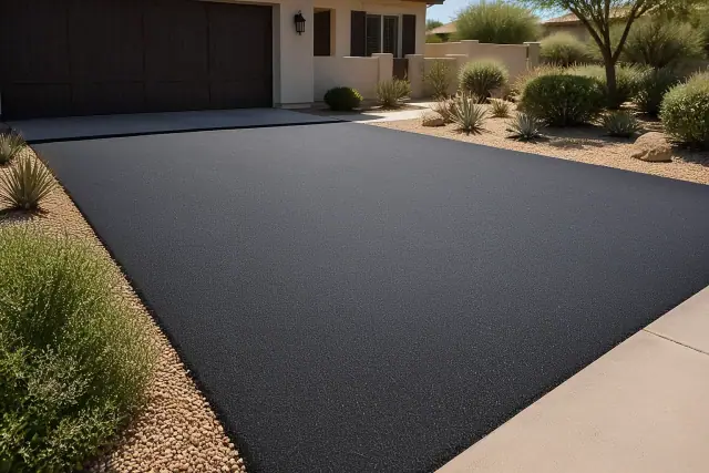 Freshly paved dark asphalt residential driveway with desert landscaping in Scottsdale, AZ.