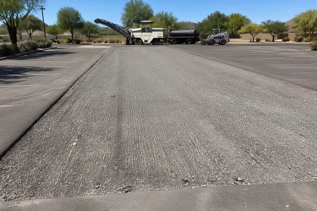 Freshly milled asphalt surface in a commercial parking lot in Scottsdale, AZ with heavy machinery parked nearby.