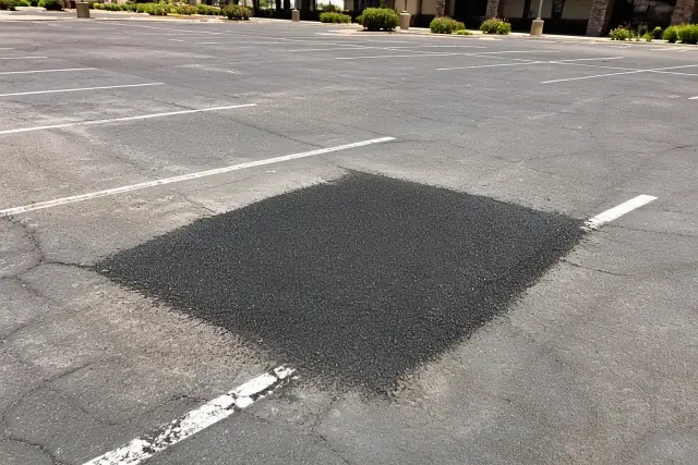 Freshly repaired asphalt patch in a commercial parking lot in Peoria, AZ.
