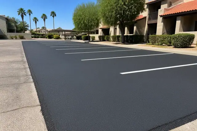 Newly resurfaced asphalt parking lot with fresh white parking lines in Scottsdale, AZ.