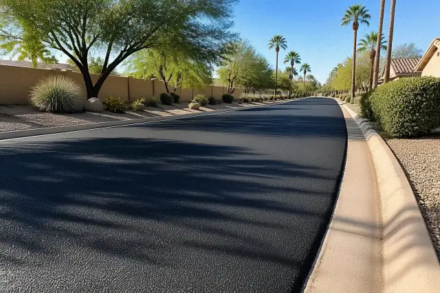 Freshly sealed cracks in an apartment parking lot under bright sun in Gilbert, AZ.
