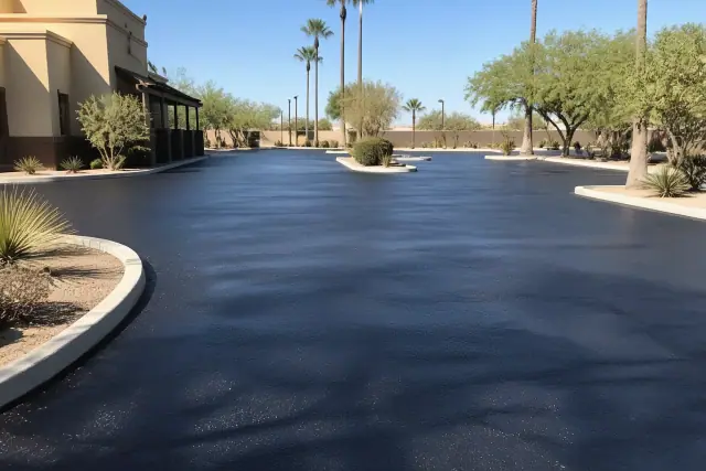 Freshly sealcoated black asphalt parking lot behind a restaurant in Mesa, AZ.