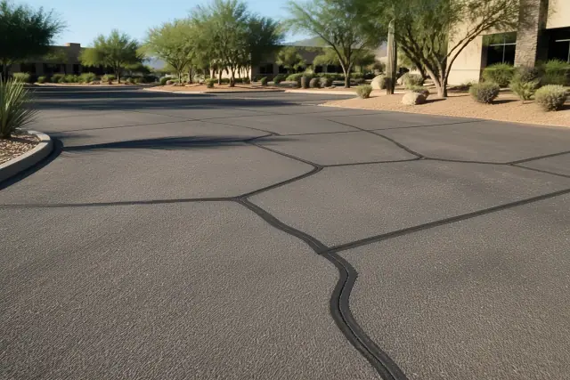 Freshly applied black rubberized crack sealant on an office driveway in Scottsdale, AZ.