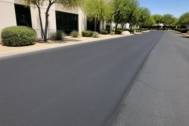 Fresh asphalt paving patch in an office park drive aisle under bright sunlight in Scottsdale, AZ.
