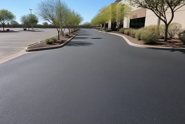 Newly paved asphalt drive aisle at an office complex in Mesa, AZ, showing smooth surfaces and concrete curbing.