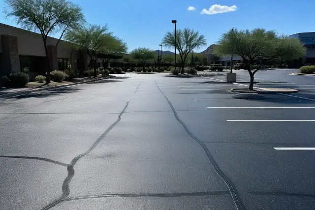Newly sealed dark asphalt parking lot with fresh black crack filler in Scottsdale, AZ.