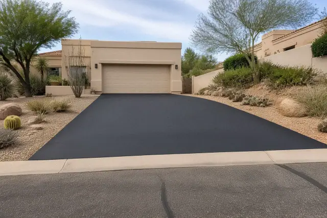 Freshly paved black asphalt driveway at a residential home in Scottsdale, AZ.