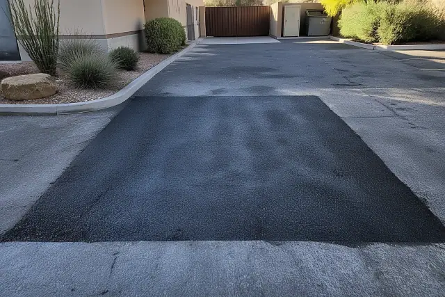 Freshly patched asphalt repair in a restaurant parking lot in Scottsdale, AZ.