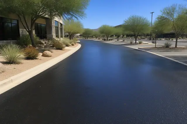 Freshly applied black asphalt sealcoating on a parking lot drive aisle in Scottsdale, AZ.