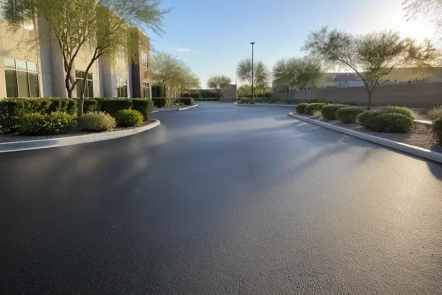 Freshly paved asphalt driveway at an office complex in Glendale, AZ with smooth transitions to the concrete curb.
