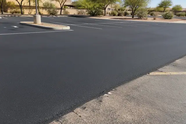 Freshly paved asphalt with white parking stripes in a commercial lot in Scottsdale, AZ.