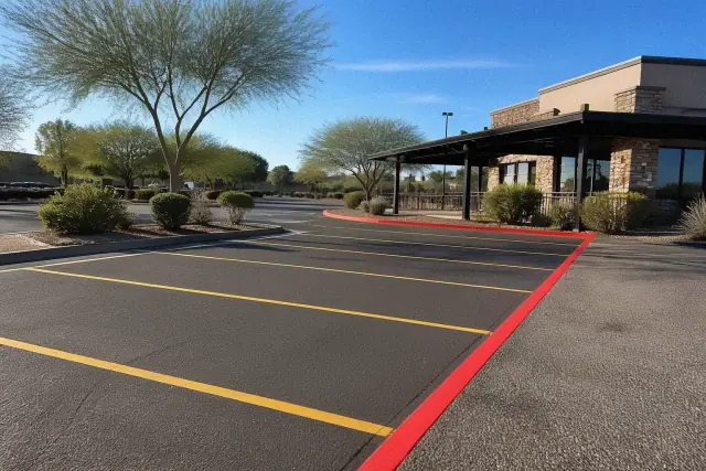 Freshly painted yellow parking stall lines and a red fire lane on asphalt in Scottsdale, AZ.