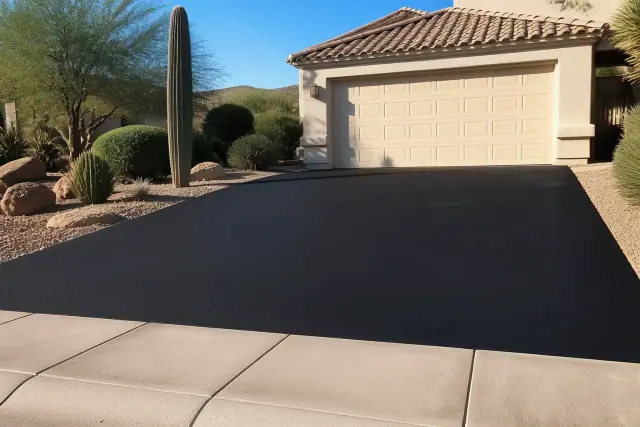 Freshly paved black asphalt driveway at a residential home in Ahwatukee, AZ.