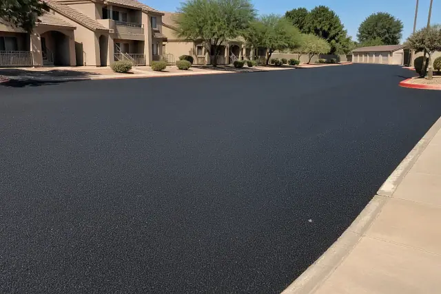 Newly paved asphalt parking lot at an apartment complex in Mesa, AZ, under bright sunlight.