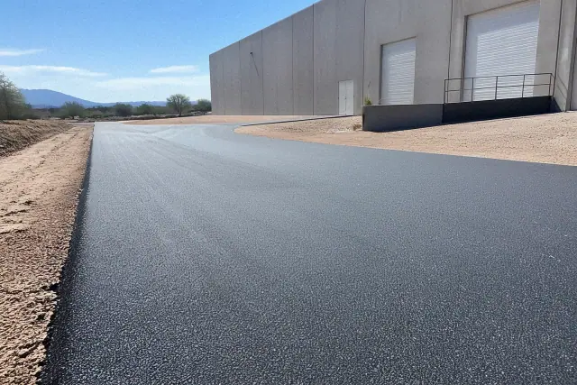 Freshly paved asphalt loading drive at a warehouse in Apache Junction, AZ.
