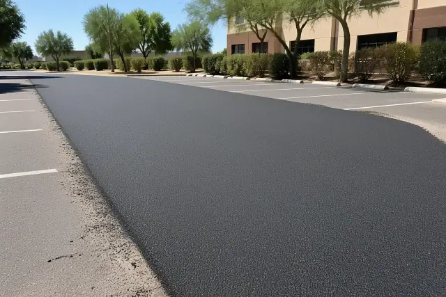 Freshly paved asphalt section in a commercial parking lot under bright sunlight in Tempe, AZ.