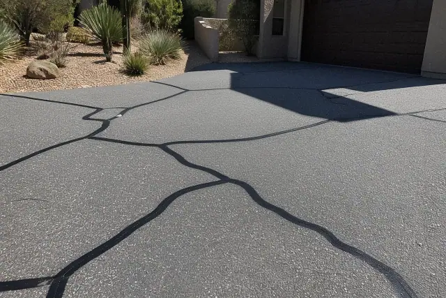 Freshly sealed cracks with black rubberized sealant on a residential asphalt driveway in Scottsdale, AZ.