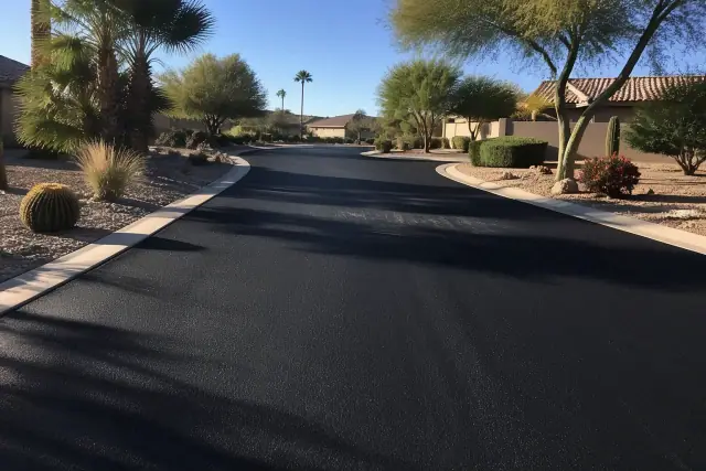 Freshly paved asphalt driveway at a residential home in Mesa, AZ.