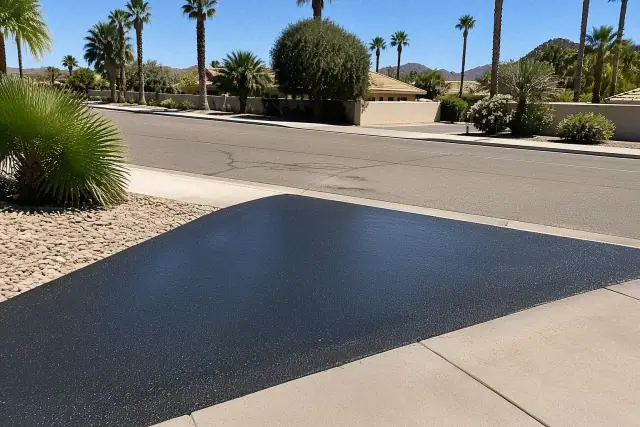 Newly paved asphalt driveway apron meeting the concrete curb on a sunny street in Ahwatukee, AZ.
