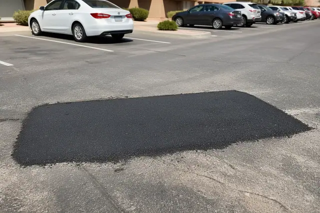 Newly repaired asphalt patch in an apartment parking lot in Queen Creek, AZ.