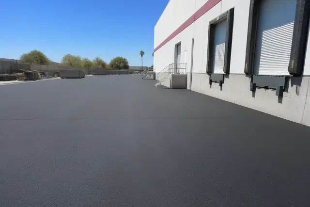 Freshly paved asphalt driveway at a warehouse loading dock in Scottsdale, AZ.