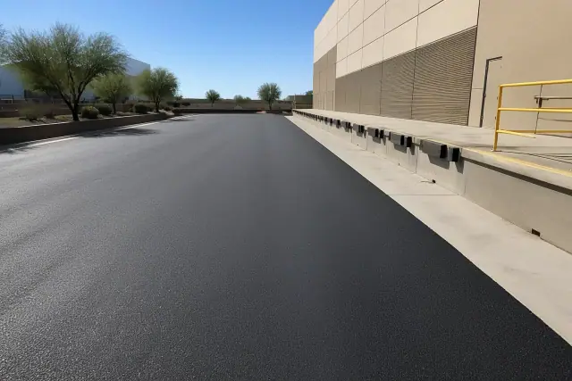 Newly paved asphalt parking lot with fresh white lines at an apartment complex in Chandler, AZ.