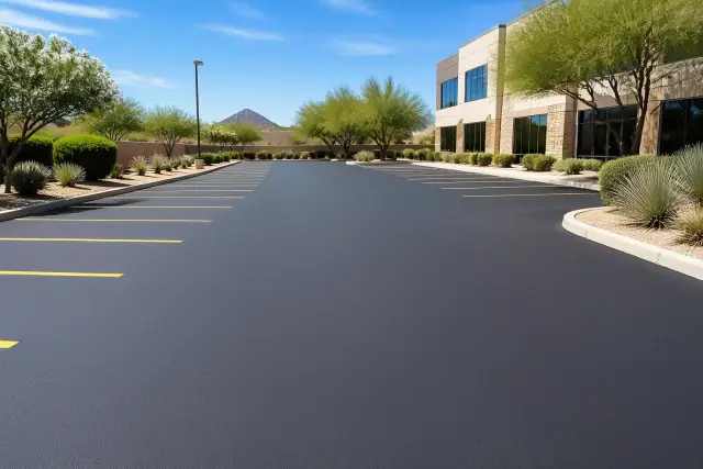 Freshly paved office drive aisle with new yellow parking stripes in Scottsdale, AZ.
