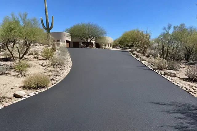 Freshly paved asphalt driveway at a desert property in Scottsdale, AZ.