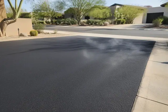 Freshly paved black asphalt driveway meeting a concrete curb on a sunny street in Scottsdale, AZ.