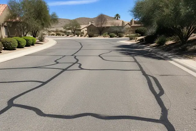 Freshly sealed asphalt cracks on a neighborhood road in Glendale, AZ with desert landscaping in the background.
