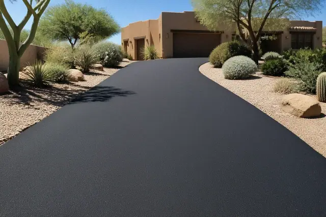 Freshly paved black asphalt driveway at a residential home in Scottsdale, AZ.