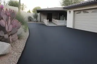 Newly paved asphalt driveway with tidy edges and desert landscaping at a home in Scottsdale, AZ.