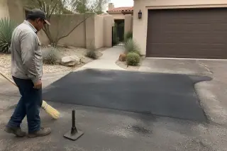 Contractor inspecting an asphalt repair near a stucco home garage and desert succulents in Scottsdale, AZ.