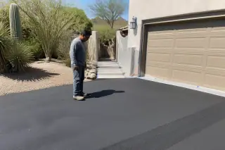 Technician inspecting a new asphalt overlay on a residential driveway in Scottsdale, AZ.