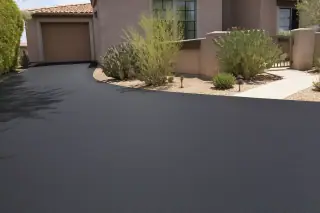 Freshly sealcoated asphalt driveway next to a stucco garage and prickly pear cacti in Scottsdale, AZ.